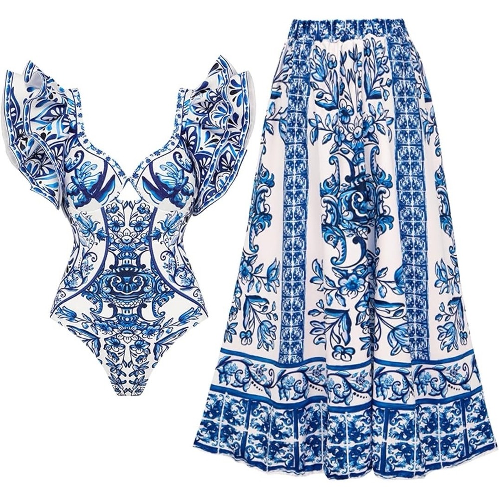 New Flaxmaker Blue & White V Neck Porcelain Blue Ruffle Sleeve Swim Set Skirt S